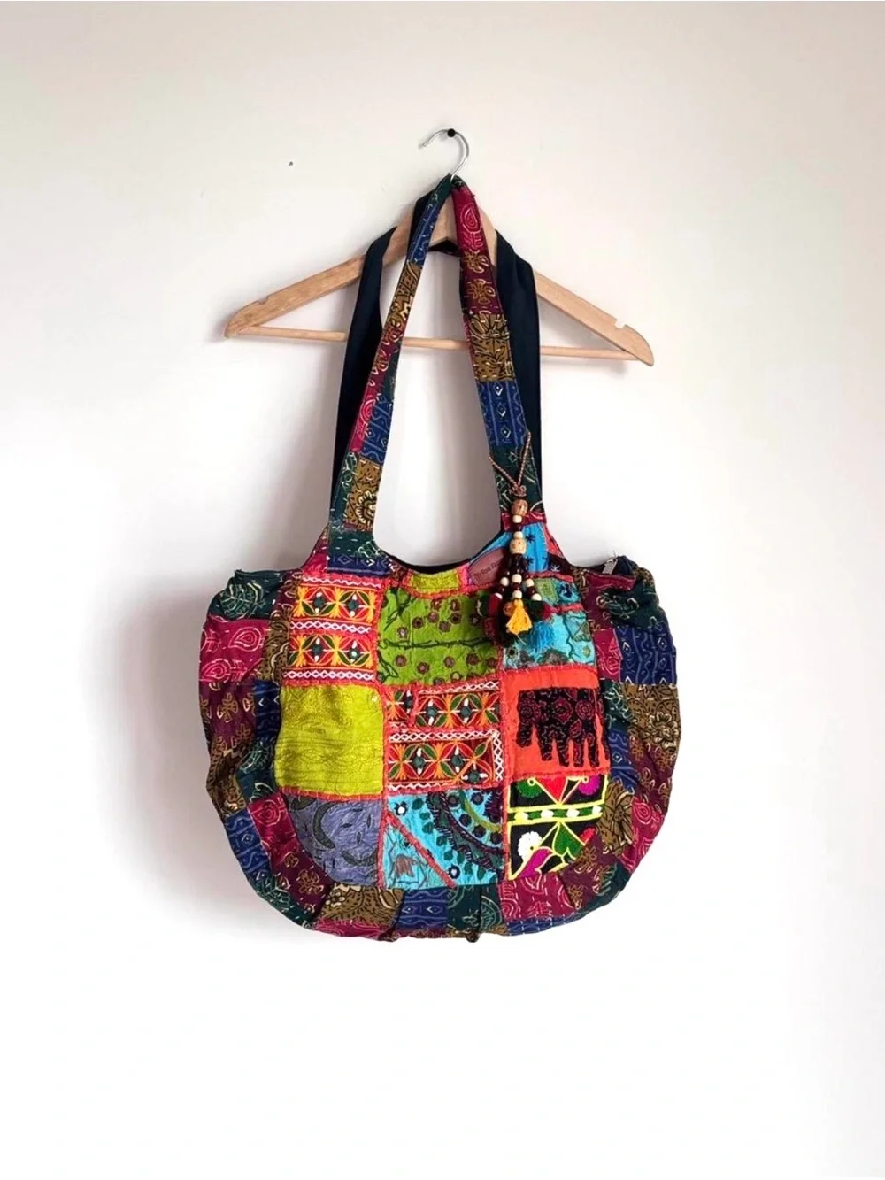 Tribe Azure Boho Patchwork Embroidered Elephant Tote Shoulder Bag Large